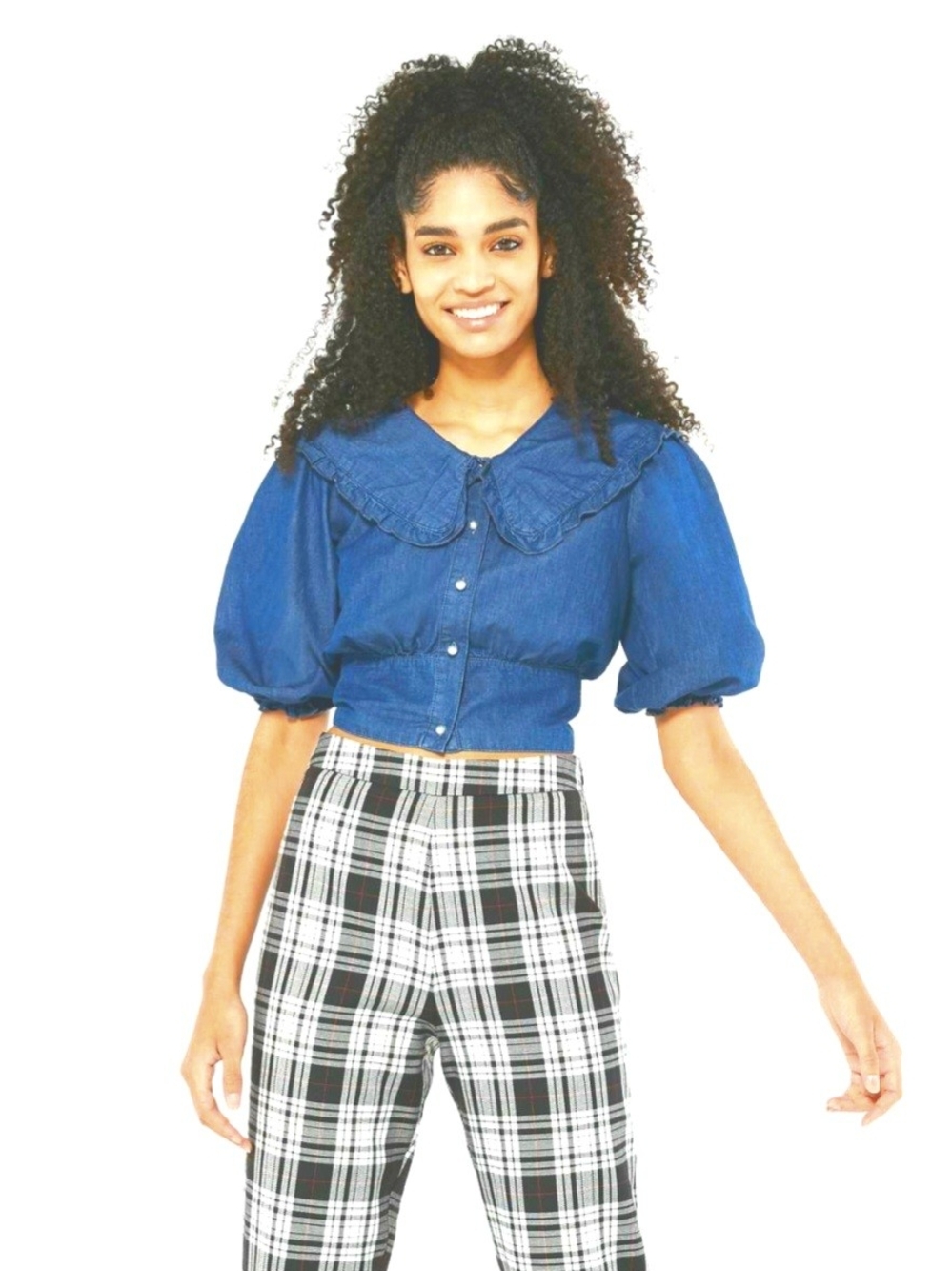 New Look Blue Ruffle-Collar Button Front Denim Top - Picture 2 of 9
